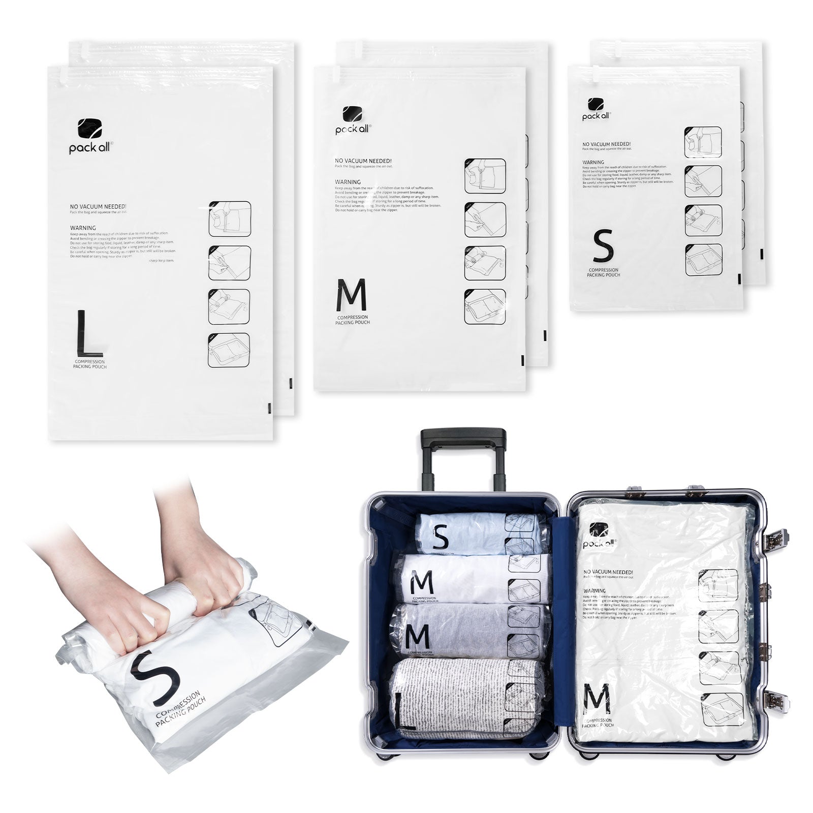 Pack Allの圧縮収納袋。防水素材で衣類や荷物を保護します。