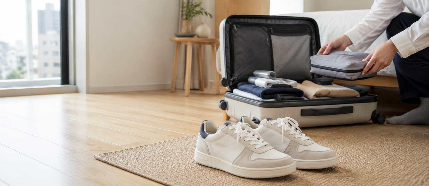 旅行の荷造りでスニーカーをスーツケースの衣類と分けて収納するために、シューズバッグを準備している様子