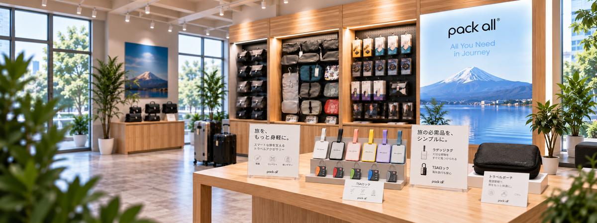 pack all®の旅行用品を日本の実店舗で展開する販売パートナー向け売場イメージ。トラベルポーチや旅行小物をカテゴリー別に陳列した様子