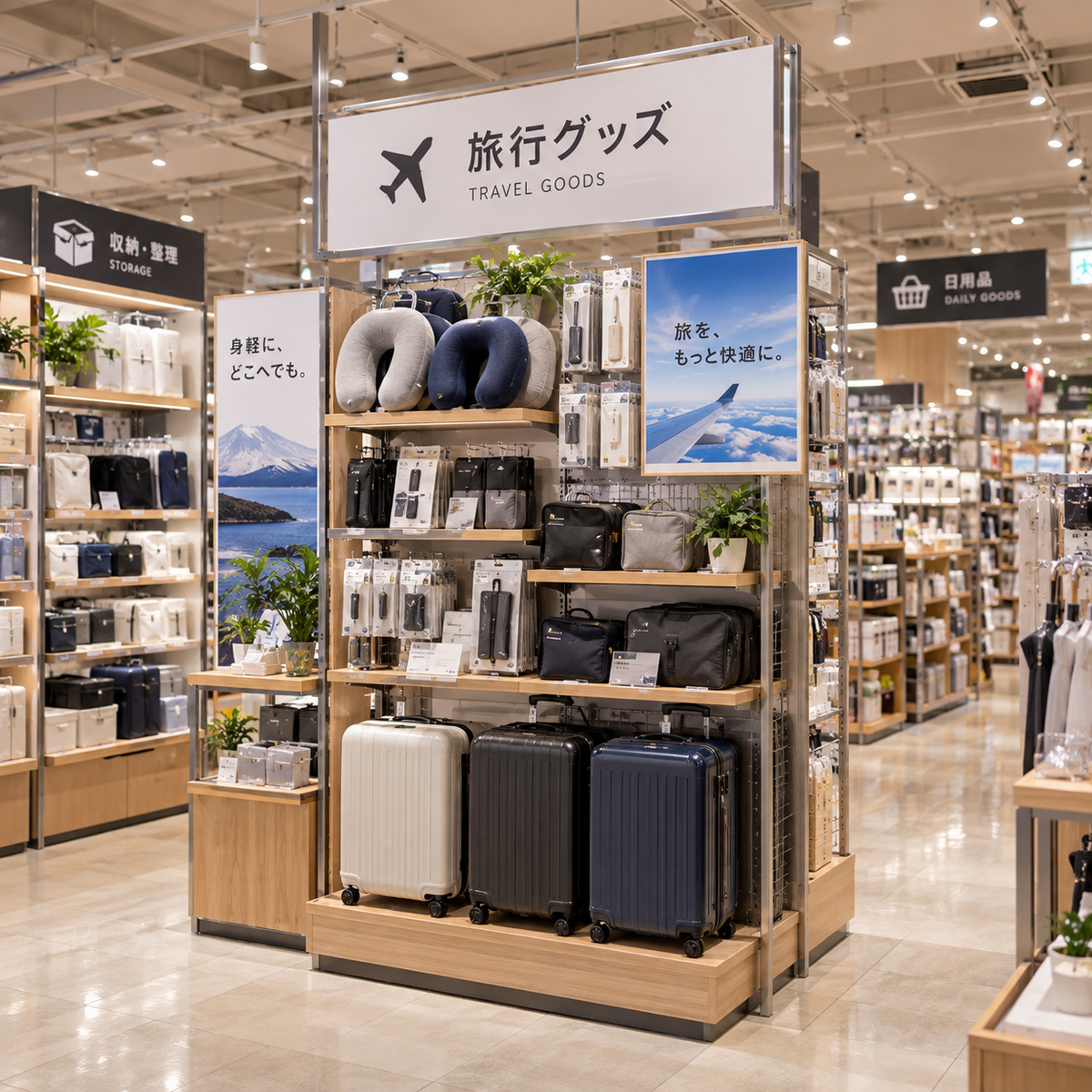 日本の旅行用品売場への卸売・店舗導入を想定したイメージ。ネックピローやトラベルポーチ、スーツケースなどの旅行関連商品をまとめて展開