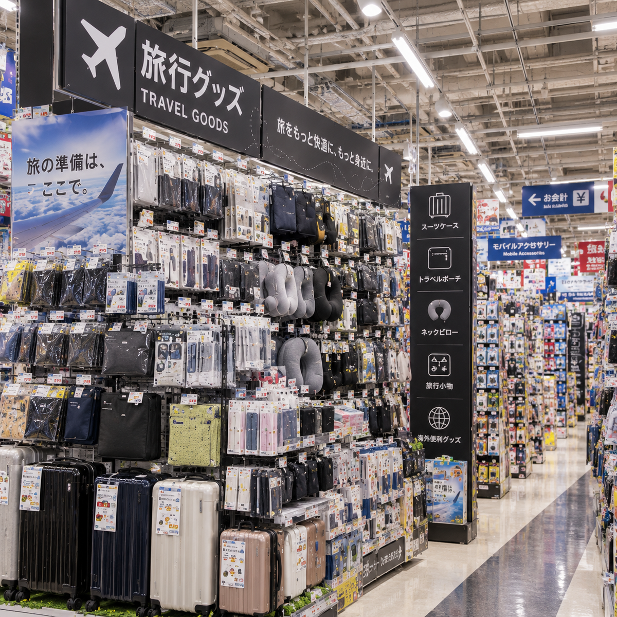日本の量販店で旅行用品を販売するチャネルをイメージした売場。スーツケース、ネックピロー、トラベルポーチなどを幅広く展開