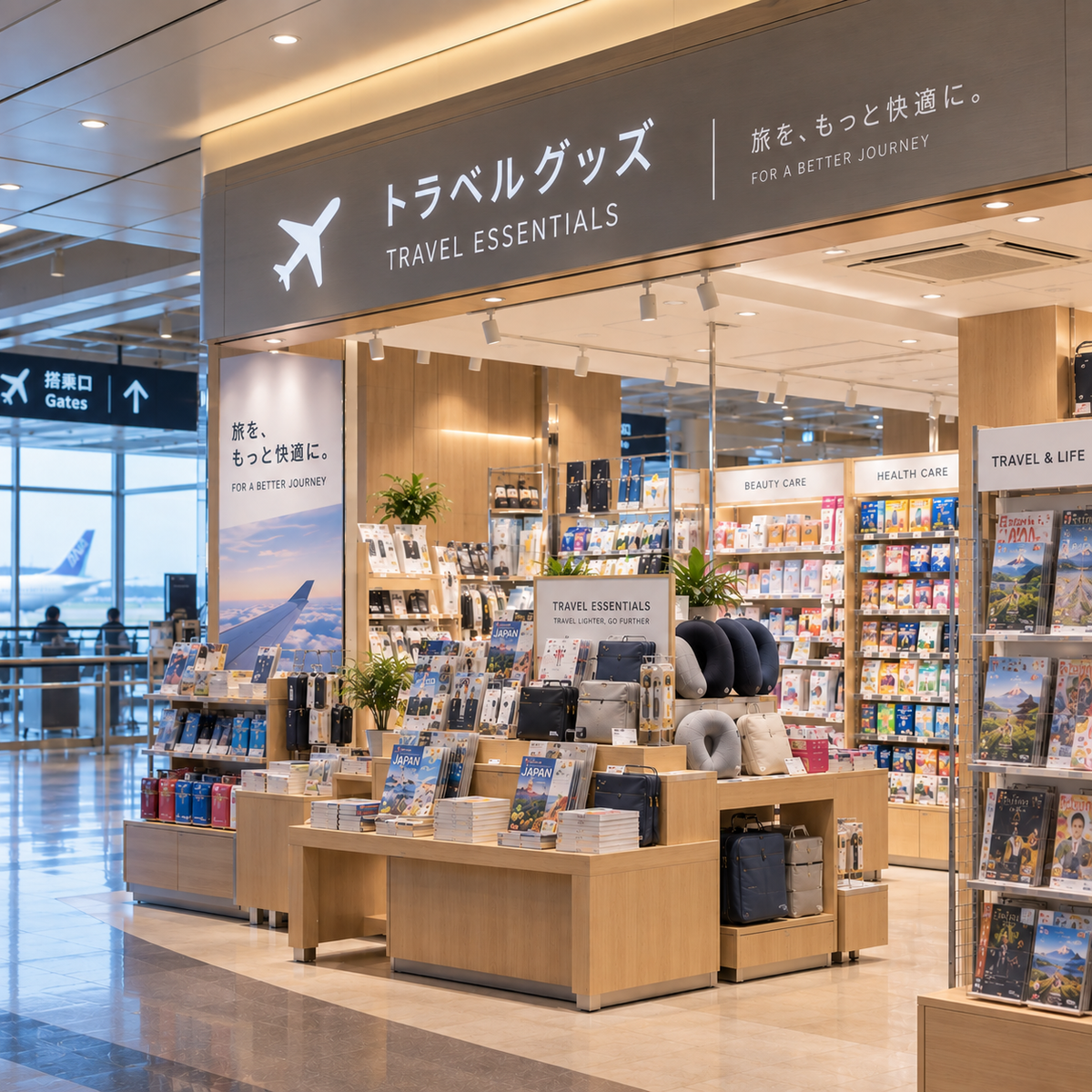 空港や交通拠点での販売を想定したトラベルグッズ売場。pack all®の旅行用品を旅行者向けに展開する販売パートナーのイメージ