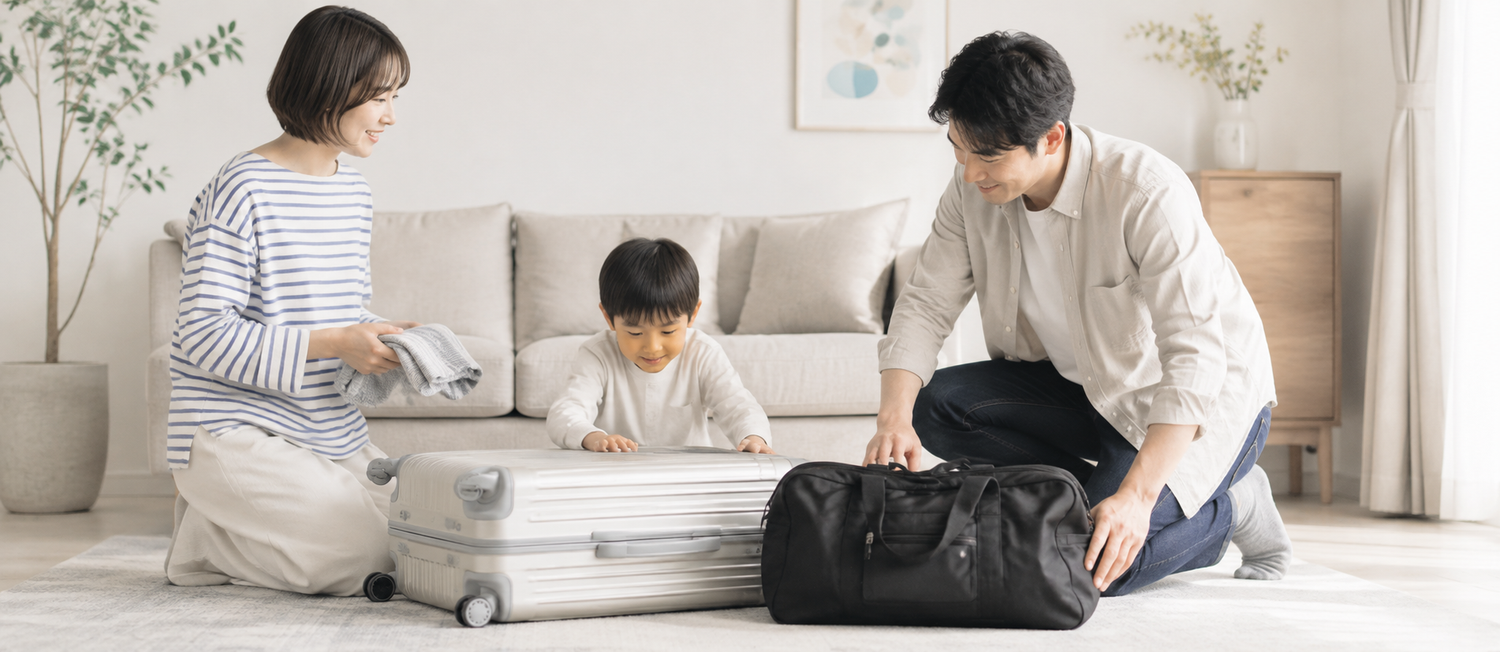 衣類を用意しながらスーツケースと旅行バッグを整理する家族。旅行用品の容量や使い勝手を比較するイメージ